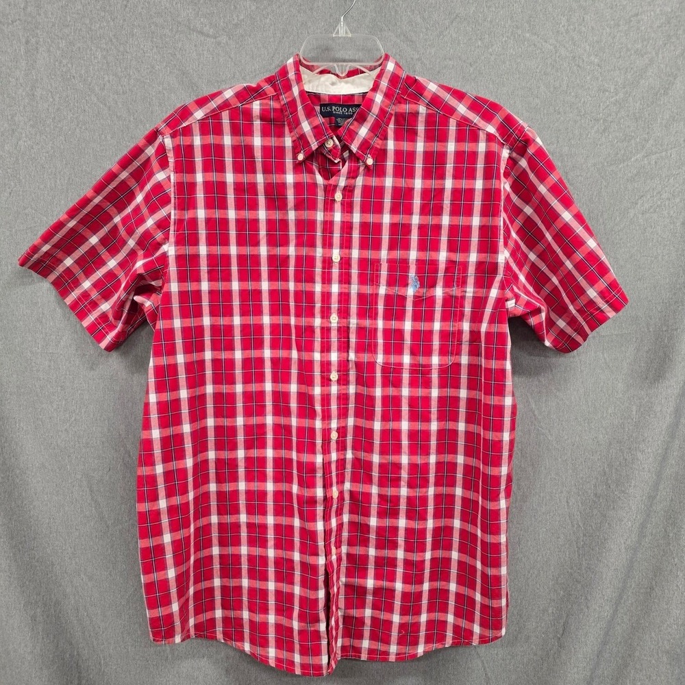 US Polo Assn Mens Red‎ Plaid Short Sleeve Button Down Shirt Large Tall LT